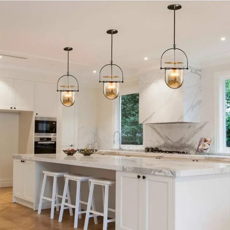 Vintage amber glass pendant light for dining room with brass accent