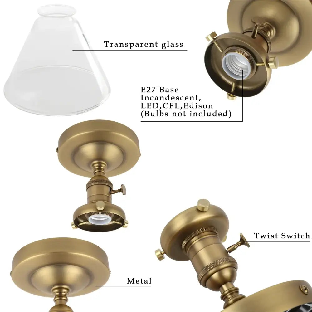 Vintage antique brass funnel glass wall sconce bedroom light