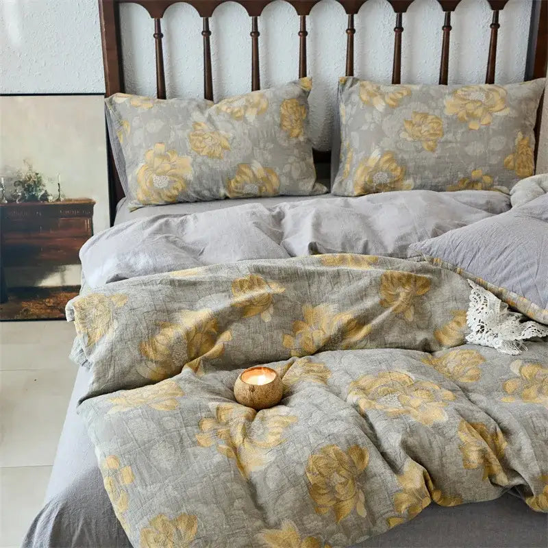 Vintage beige & brown cotton jacquard bedding sets bedroom duvet cover
