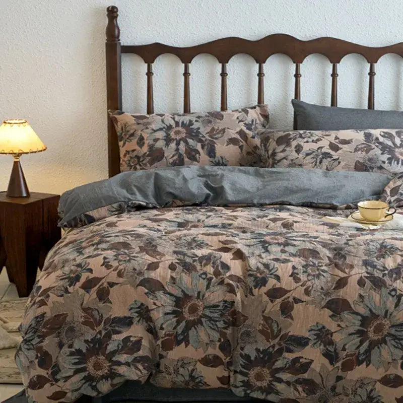Vintage beige & brown cotton jacquard bedding sets bedroom duvet cover