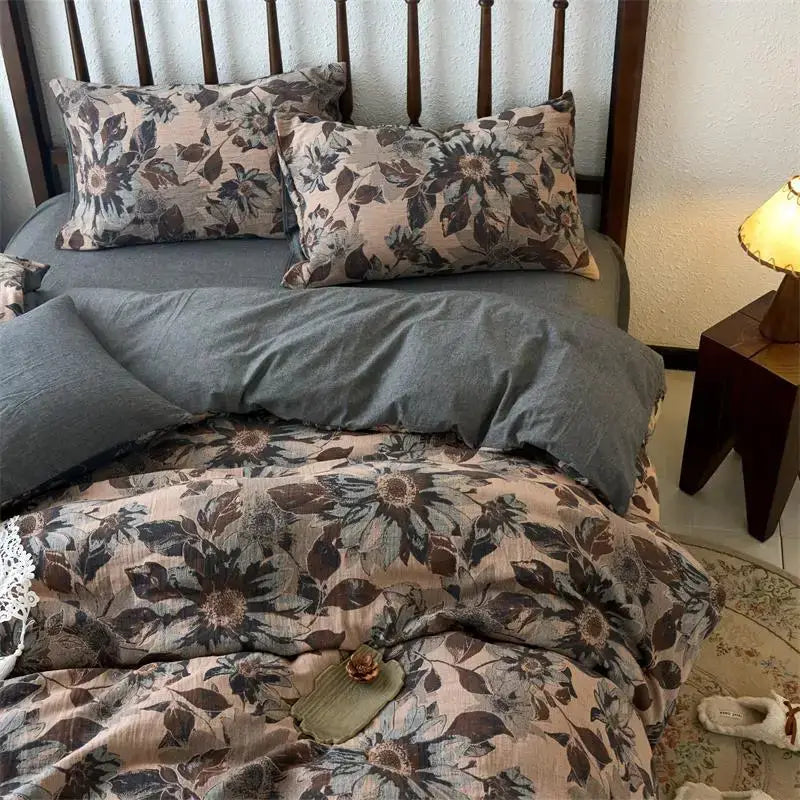 Vintage beige & brown cotton jacquard bedding sets bedroom duvet cover