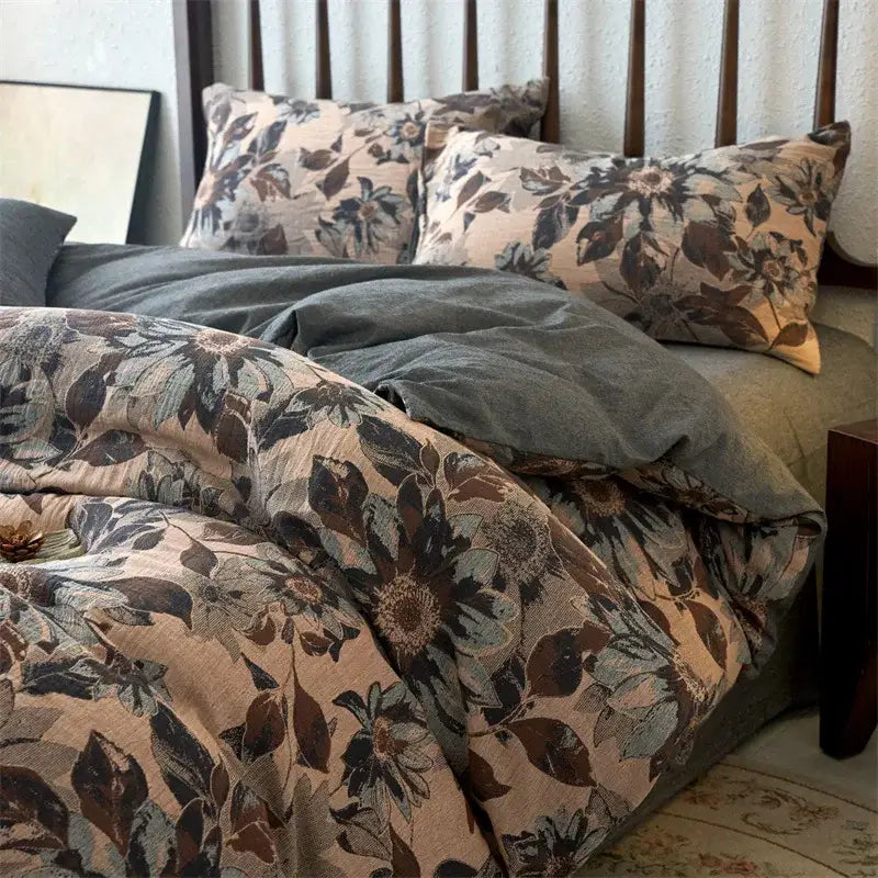 Vintage beige & brown cotton jacquard bedding sets bedroom duvet cover