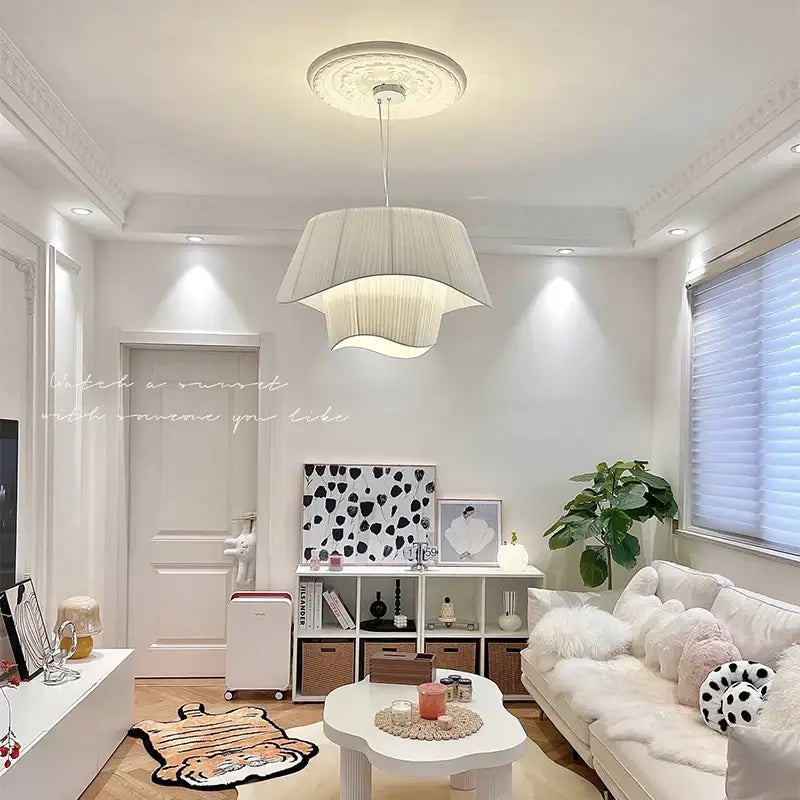 Vintage beige pleated cream wind fabric pendant chandelier bedroom
