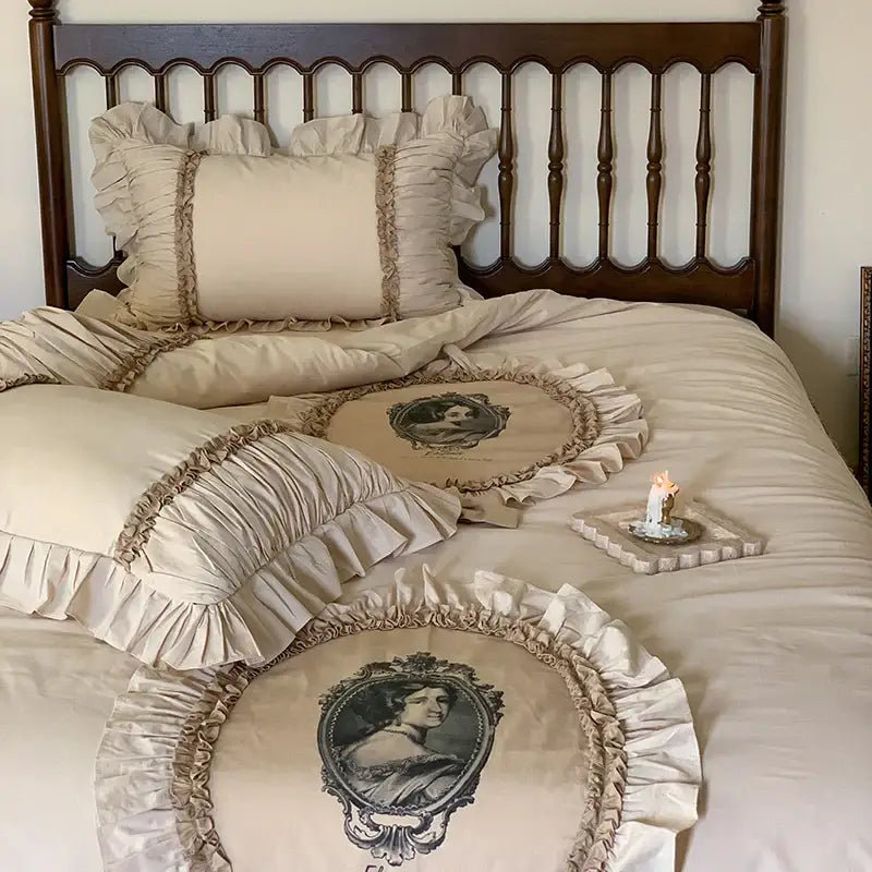 Vintage beige ruffled bedding set – bedroom french lace ruffles