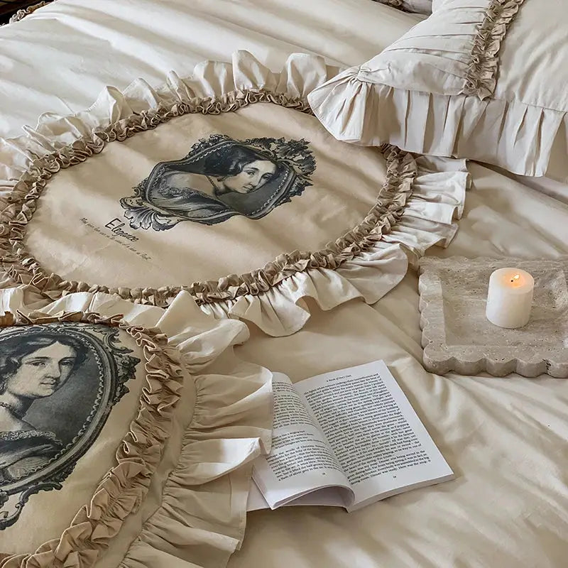 Vintage beige ruffled bedding set – bedroom french lace ruffles