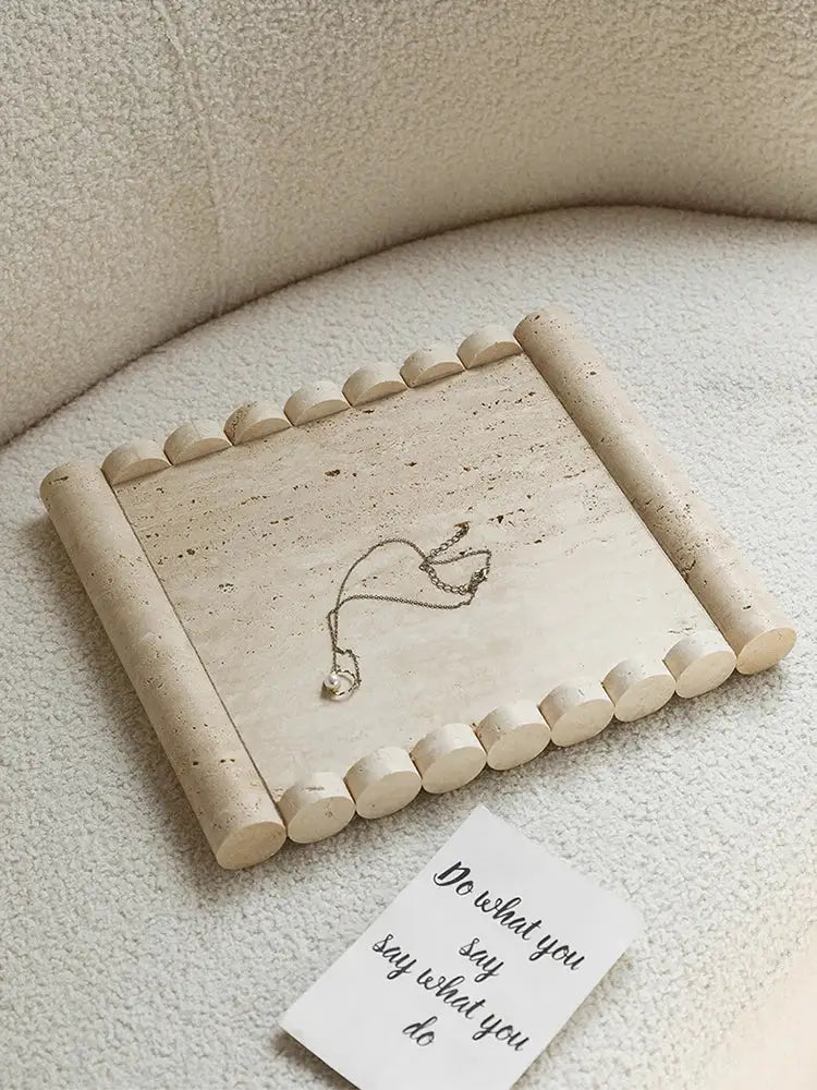 Vintage beige travertine marble serving tray kitchen plate with handles