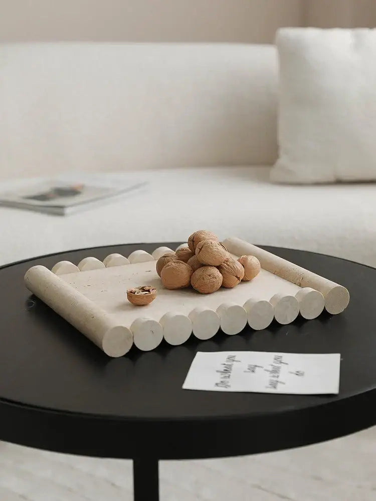 Vintage beige travertine marble serving tray kitchen plate with handles