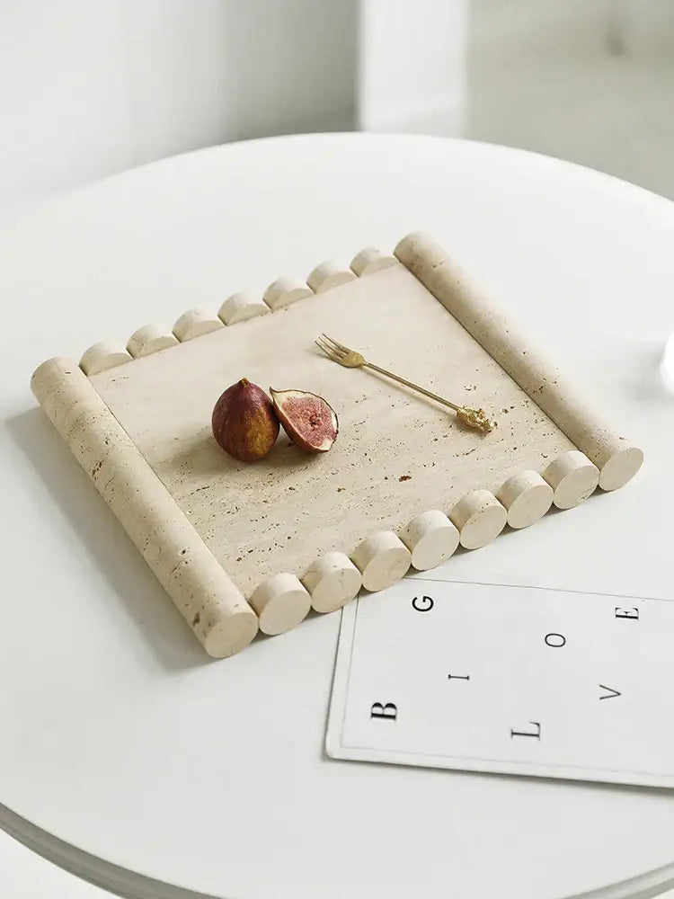 Vintage beige travertine marble serving tray kitchen plate with handles