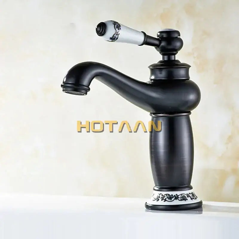 Vintage black brass ceramics bathroom faucet with floral handle