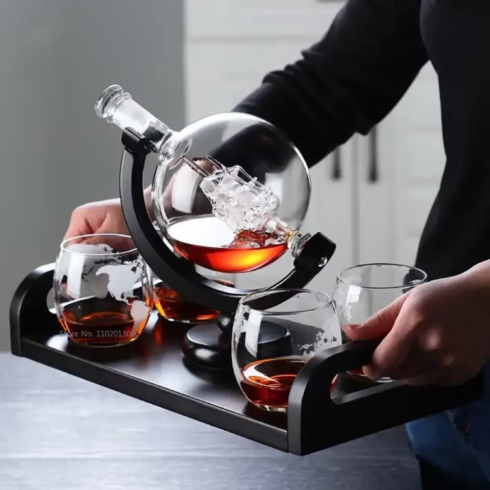 Vintage black earth decanter set dining room etched world map glass
