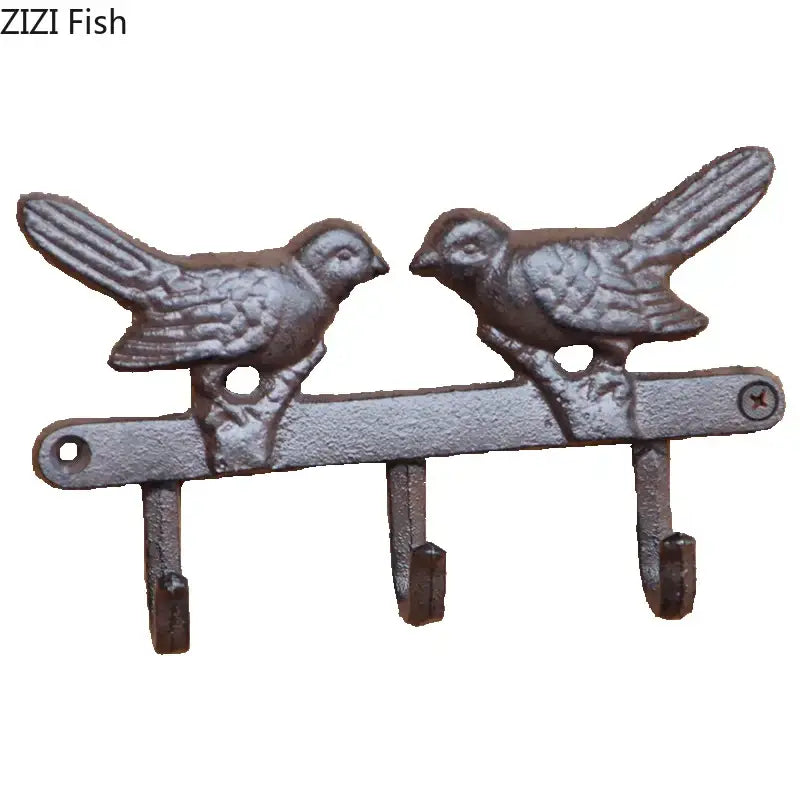 Vintage black iron bird hook wall shelf for entryway storage