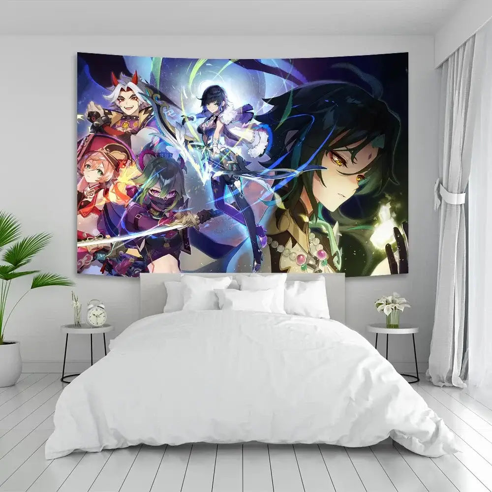 Vintage blue genshin impact anime tapestry bedroom wall hanging