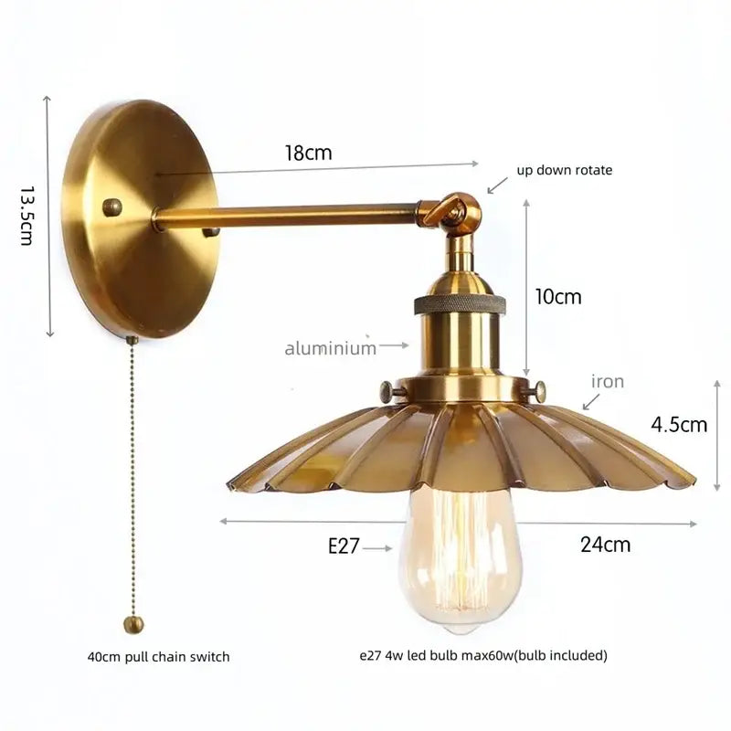 Vintage brass adjustable wall lamp bedroom iron led light