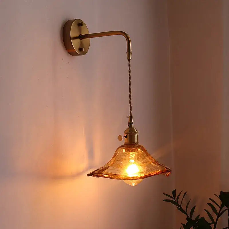 Vintage brass and amber glass copper led wall sconce bedroom light