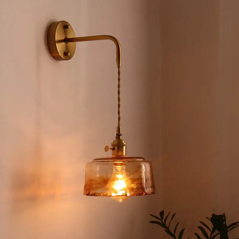 Vintage brass and amber glass copper led wall sconce bedroom light