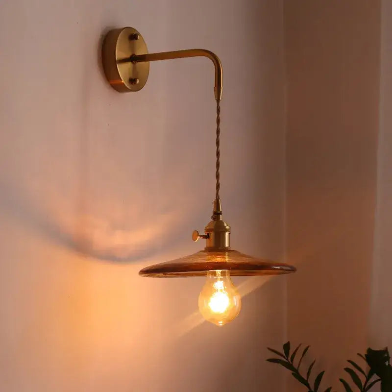 Vintage brass and amber glass copper led wall sconce bedroom light