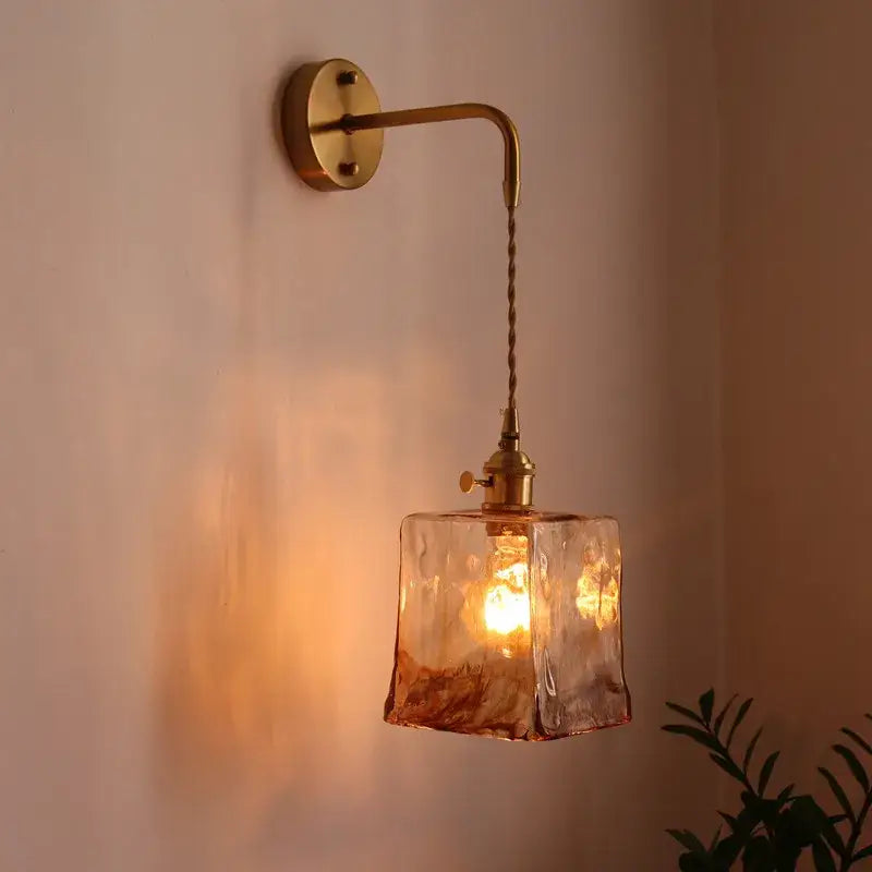 Vintage brass and amber glass copper led wall sconce bedroom light