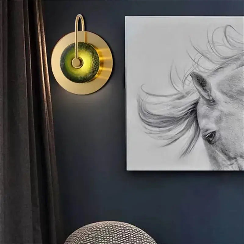 Vintage brass and green glass metal wall art light living room