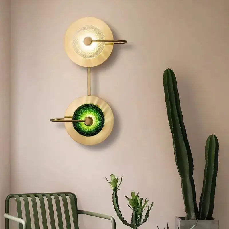 Vintage brass and green glass metal wall art light living room