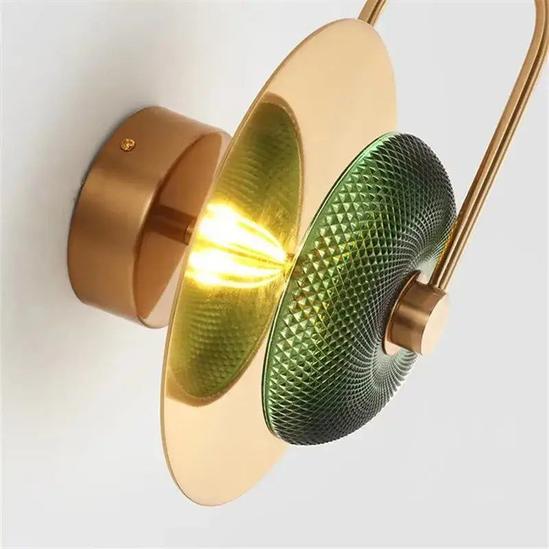 Vintage brass and green glass metal wall art light living room