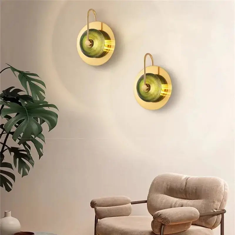 Vintage brass and green glass metal wall art light living room