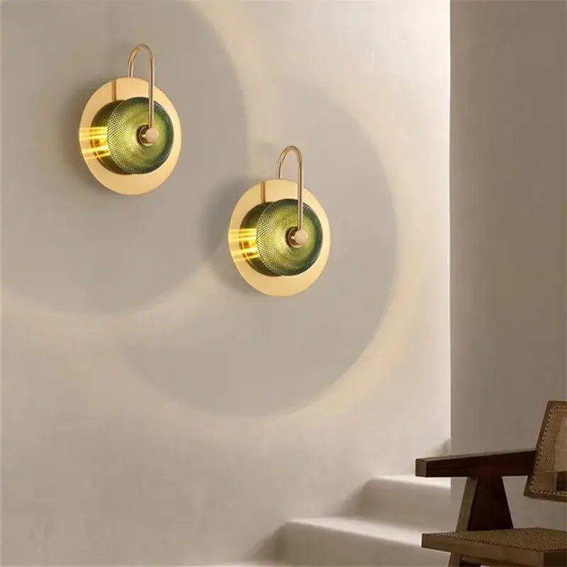 Vintage brass and green glass metal wall art light living room