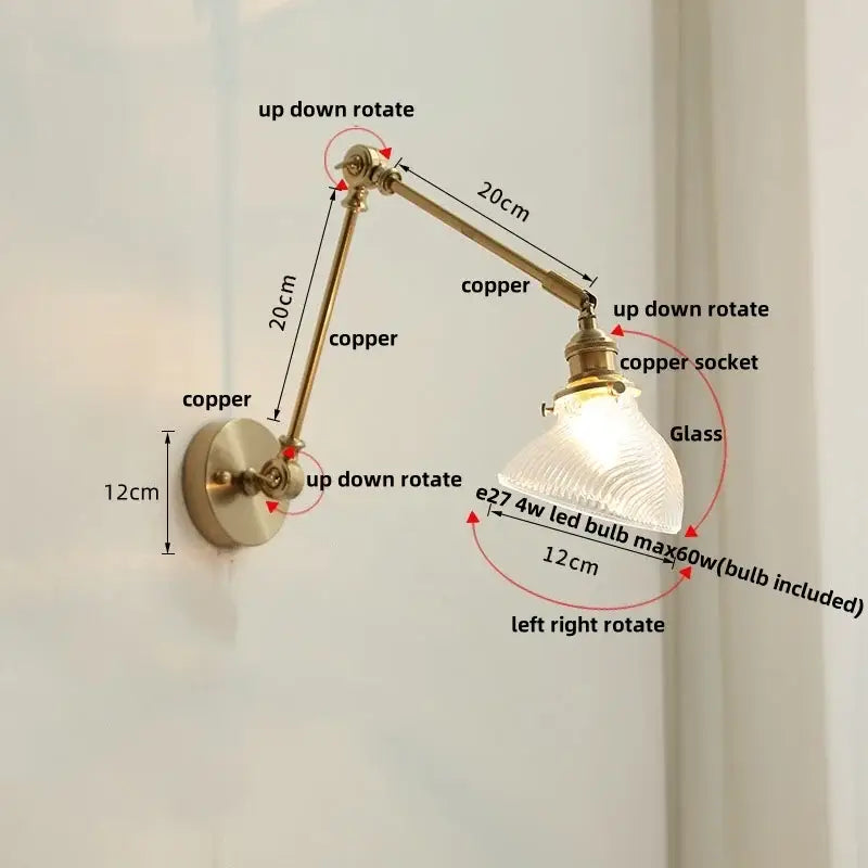 Vintage brass and green glass wall light fixture bedroom sconce