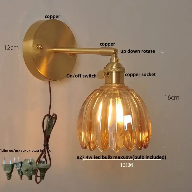 Vintage brass and ribbed amber glass wall light bedroom pull chain