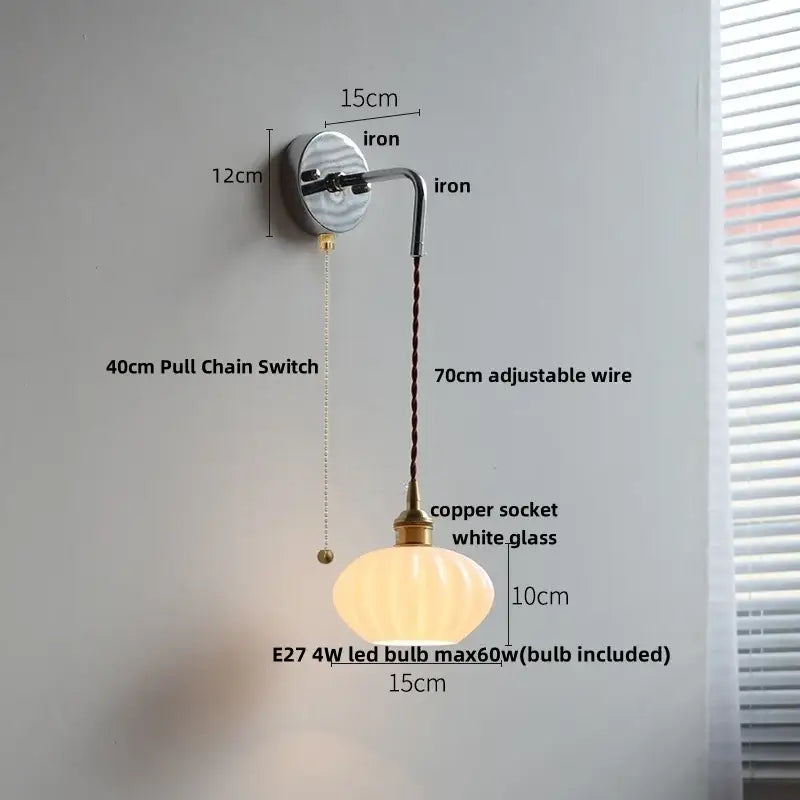 Vintage brass ceramic led wall lamp bedroom ribbed glass sconce