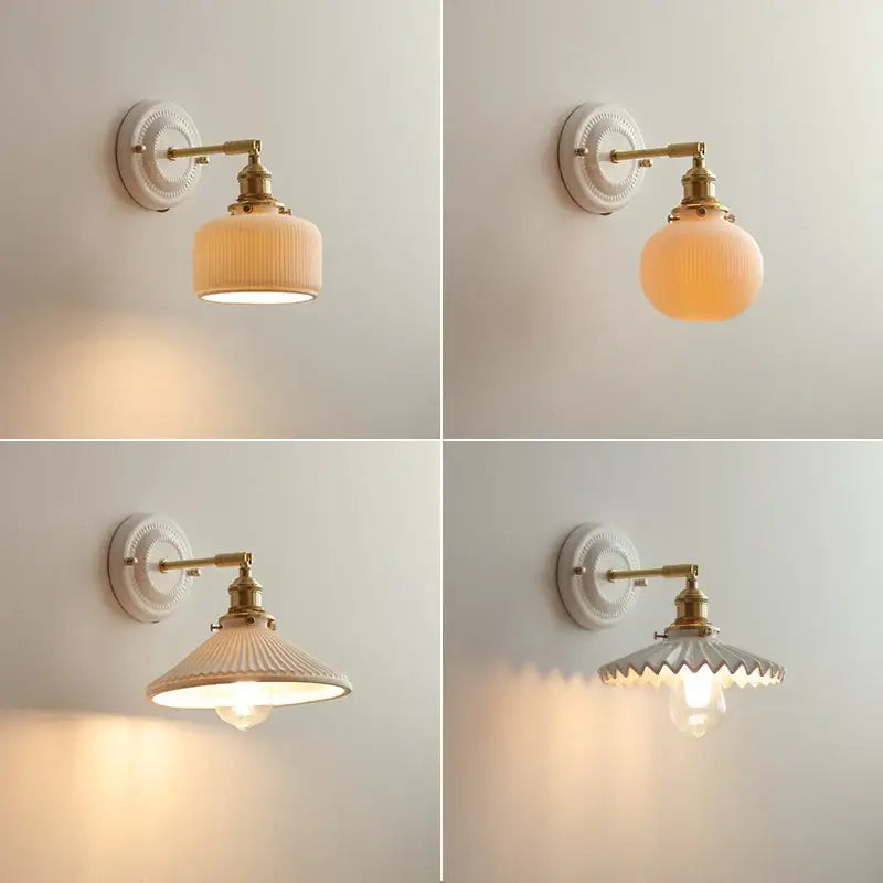Vintage brass globe wall sconce bedroom ribbed glass light