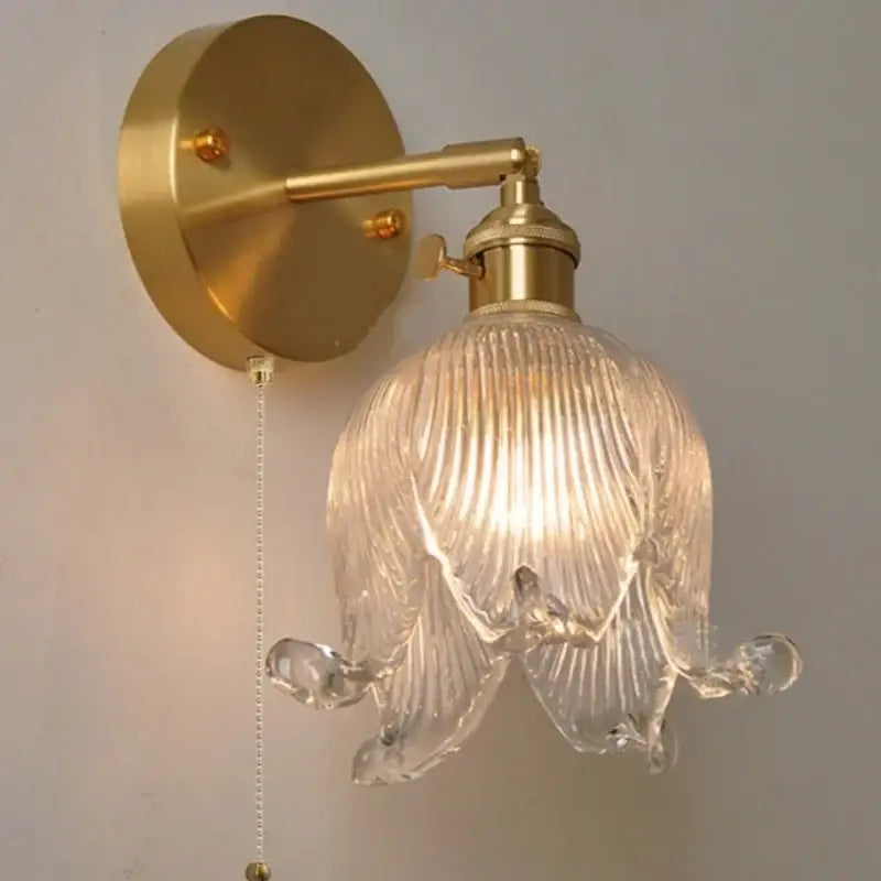 Vintage brass loft amber glass wall light bedroom flower sconce