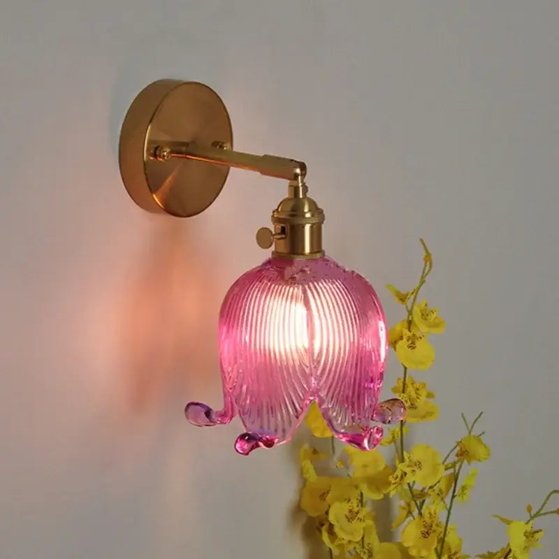 Vintage brass loft amber glass wall light bedroom flower sconce