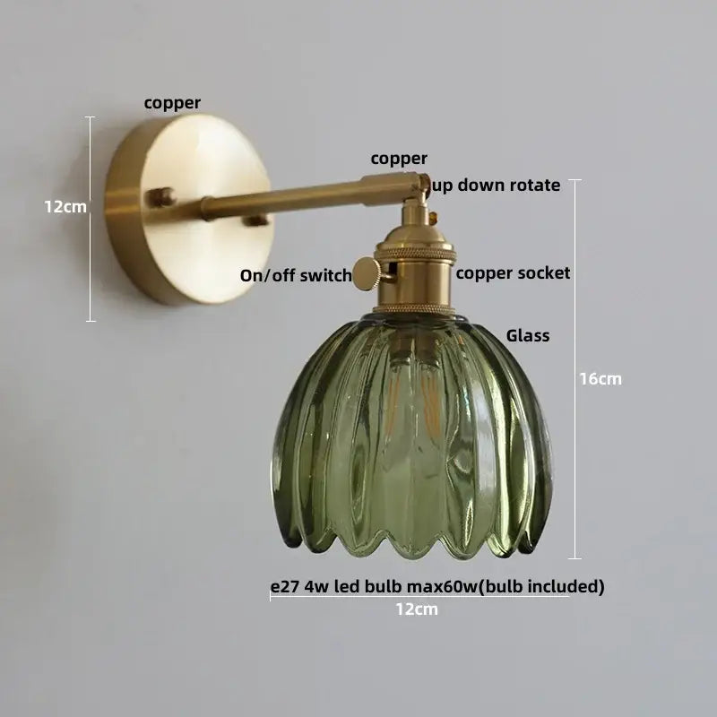 Vintage brass loft amber glass wall light bedroom flower sconce