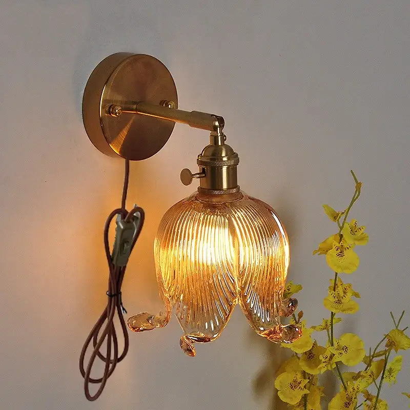 Vintage brass loft amber glass wall light bedroom flower sconce