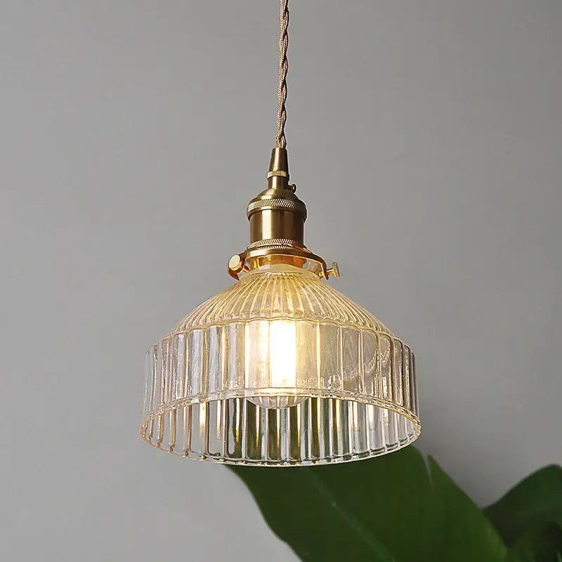 Vintage brass ribbed glass led ceiling chandelier bedroom light