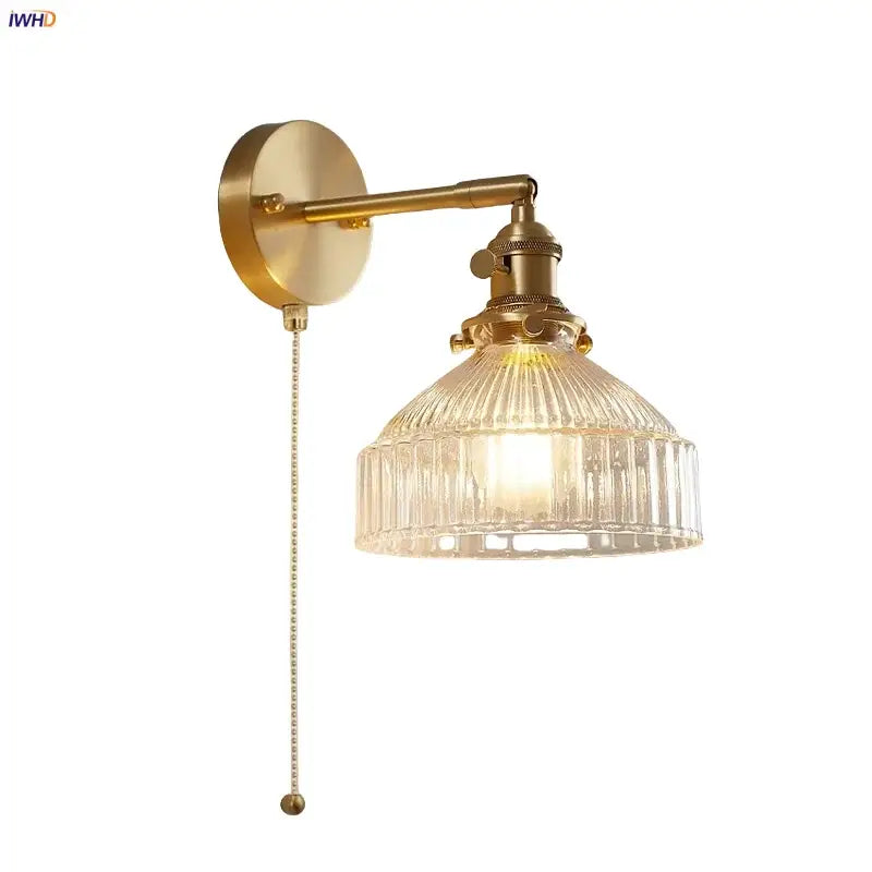 Vintage brass ribbed glass pull chain led wall lamp living room