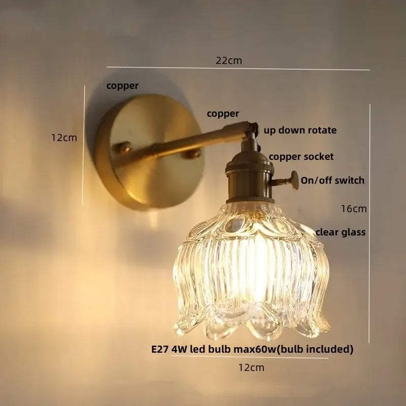 Vintage brass ribbed glass pull chain led wall lamp living room