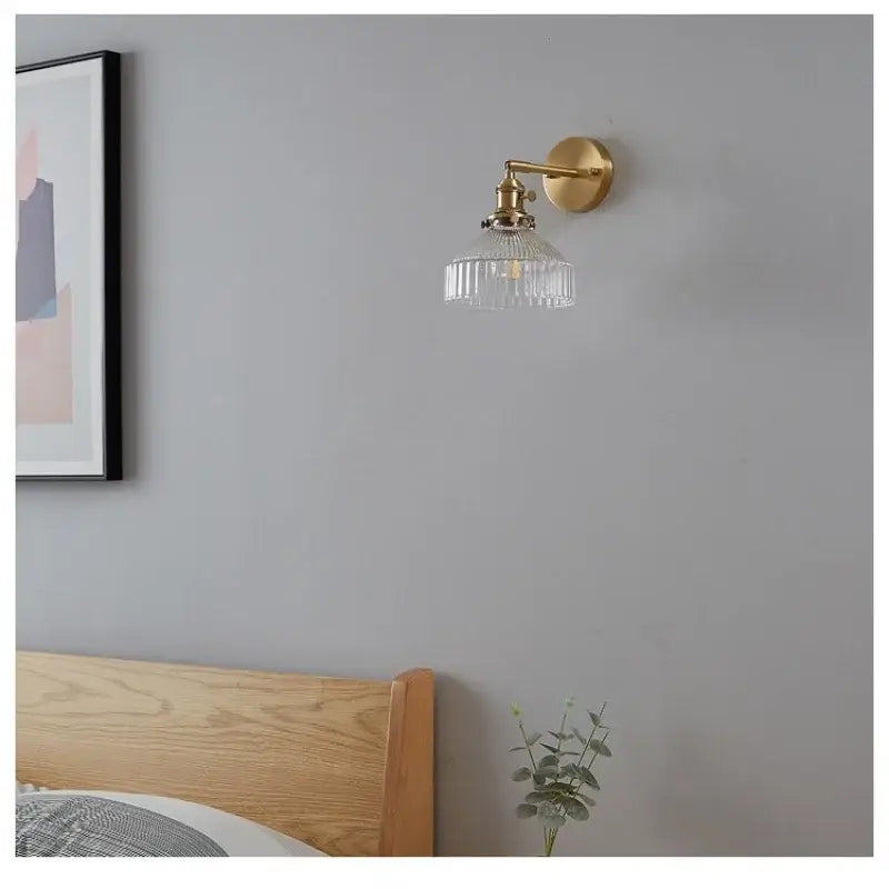 Vintage brass ribbed glass pull chain led wall lamp living room