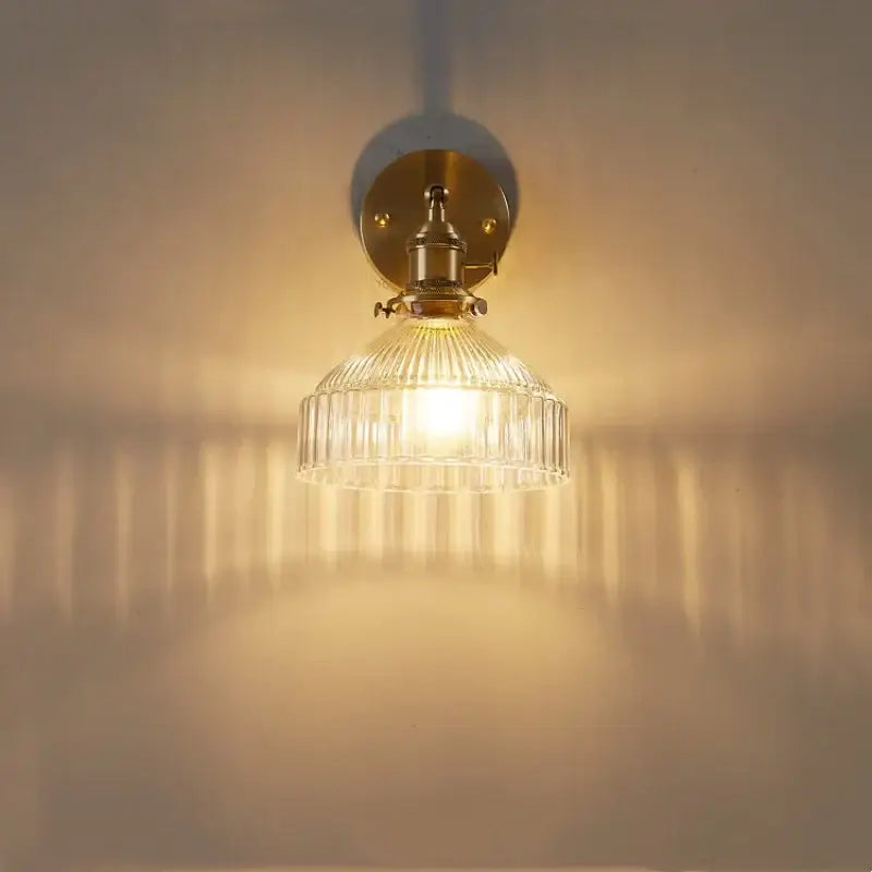 Vintage brass ribbed glass pull chain led wall lamp living room