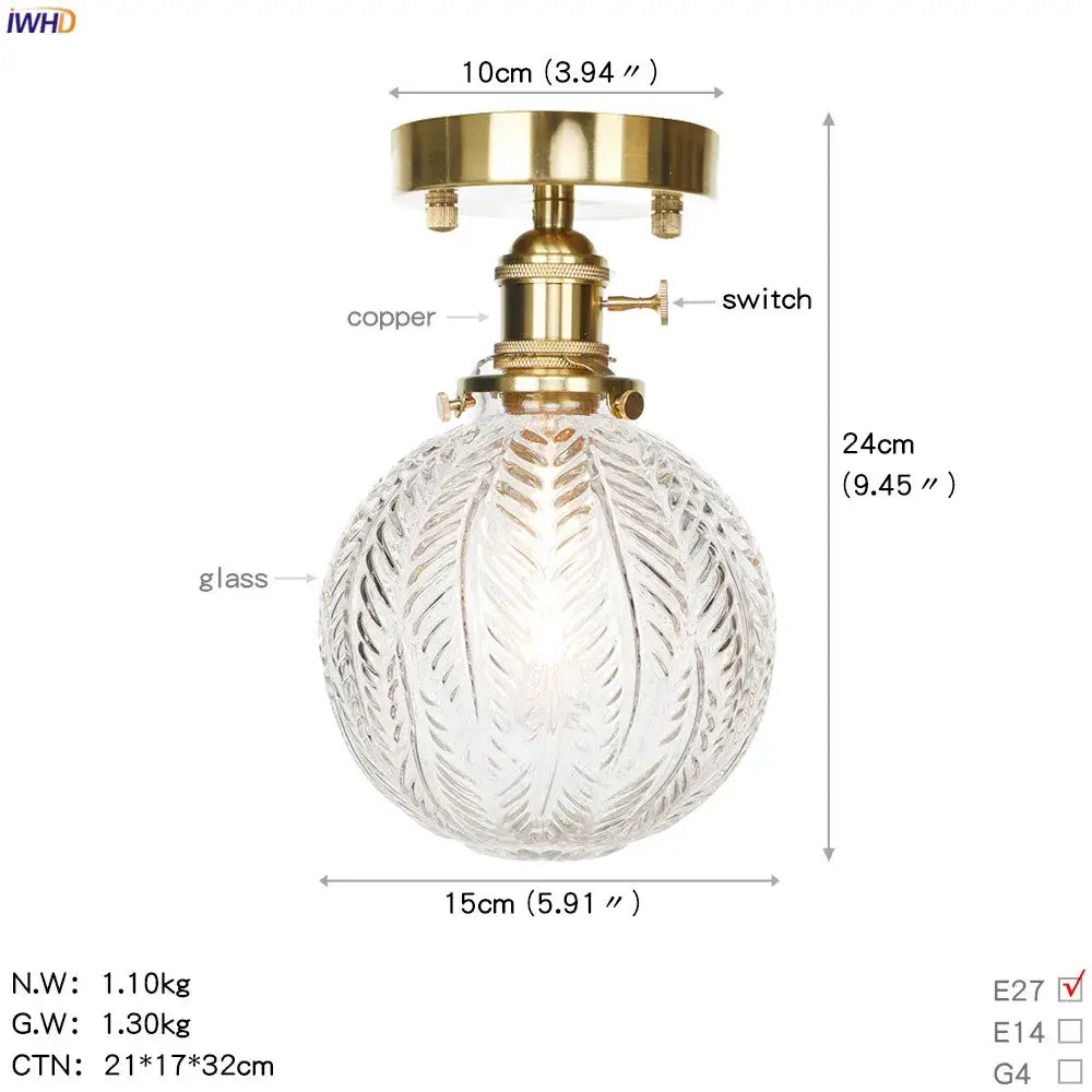 Vintage brass star glass copper ceiling light bedroom lamp