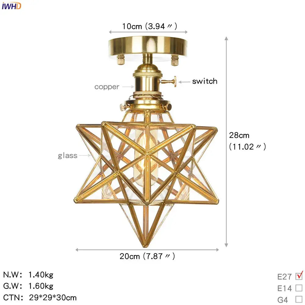 Vintage brass star glass copper ceiling light bedroom lamp