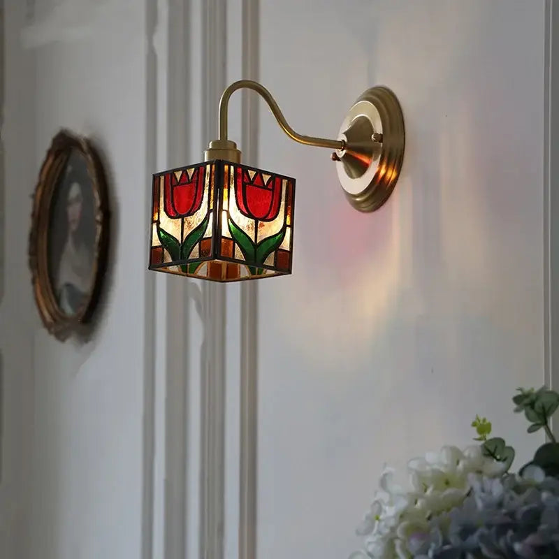 Vintage brass tulip cube led wall lamp living room glass sconce