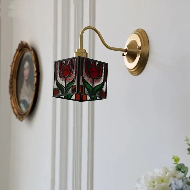 Vintage brass tulip cube led wall lamp living room glass sconce