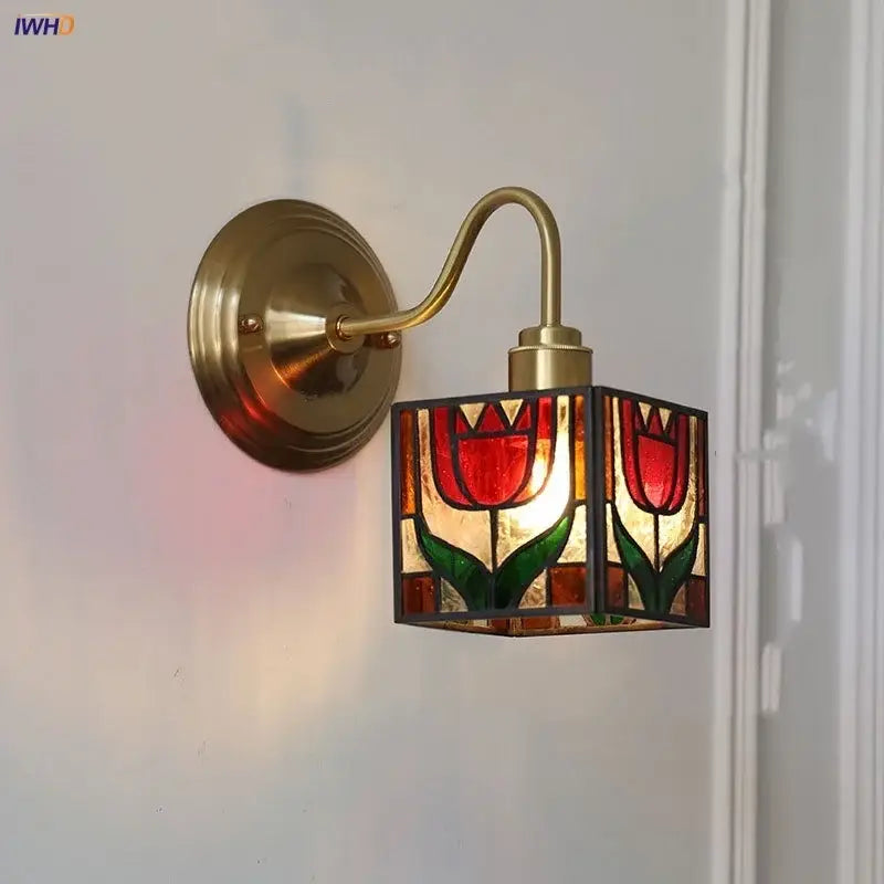 Vintage brass tulip cube led wall lamp living room glass sconce