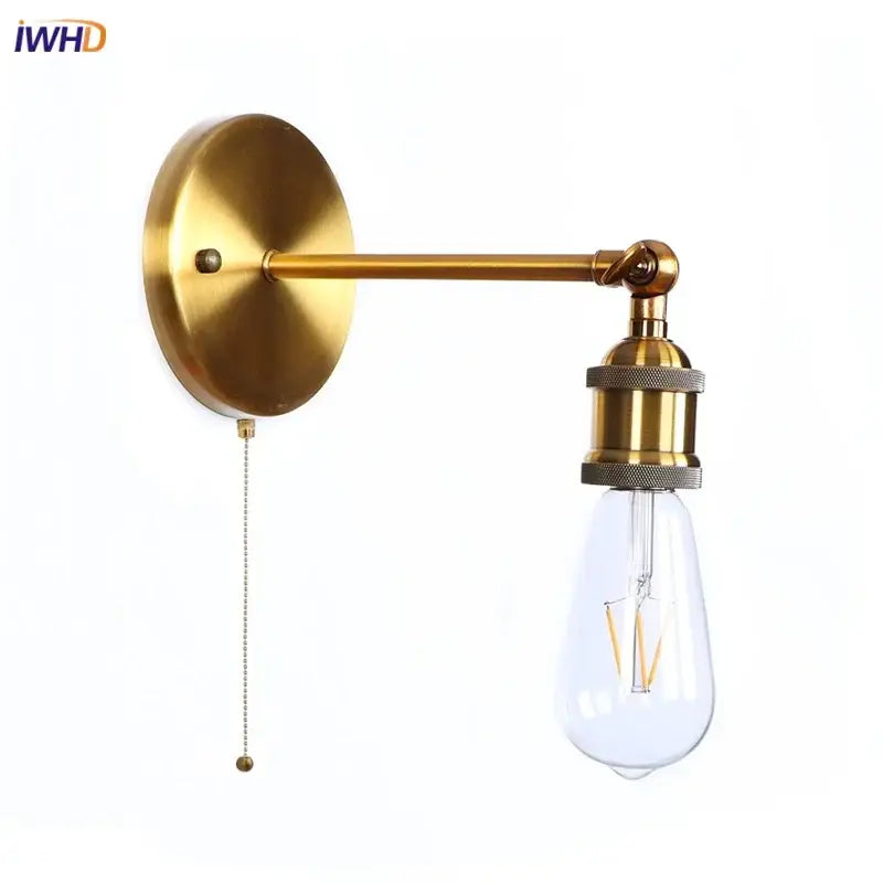 Vintage brass wall lamp with pull chain – bedroom gold vintage iron