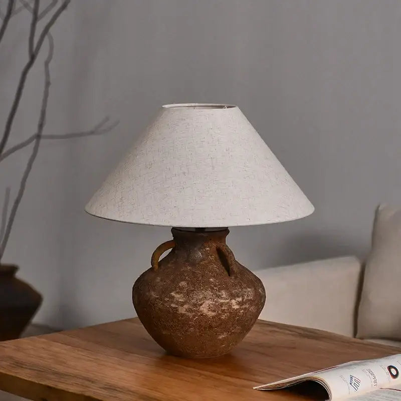 Vintage brown ceramic country table lamp – bedroom fabric light