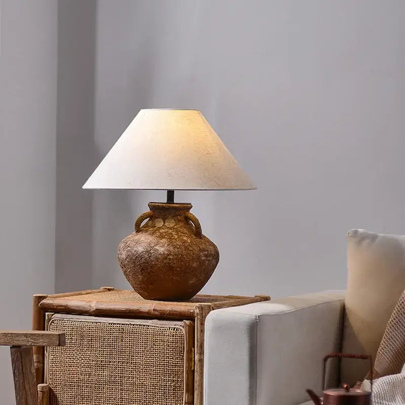 Vintage brown ceramic country table lamp – bedroom fabric light