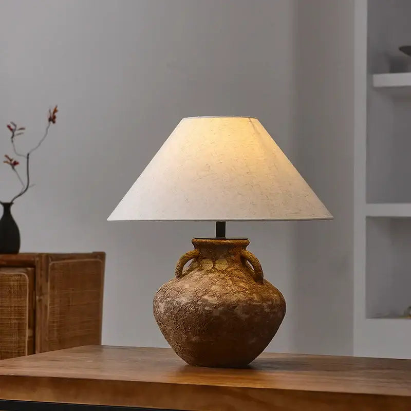 Vintage brown ceramic country table lamp – bedroom fabric light