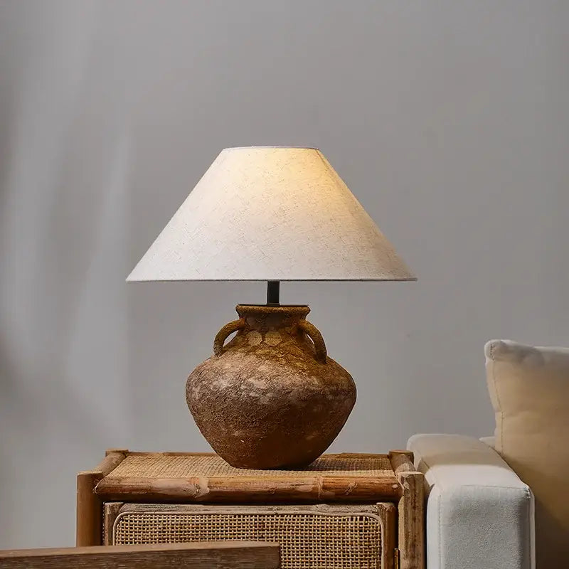 Vintage brown ceramic country table lamp – bedroom fabric light