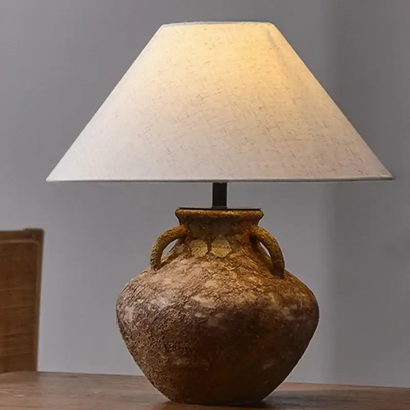 Vintage brown ceramic country table lamp – bedroom fabric light